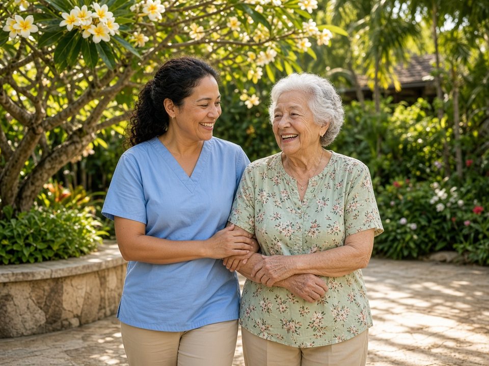 Friendly caregiver and smiling senior walking together in a shaded Oahu tropical garden with plumeria blossoms