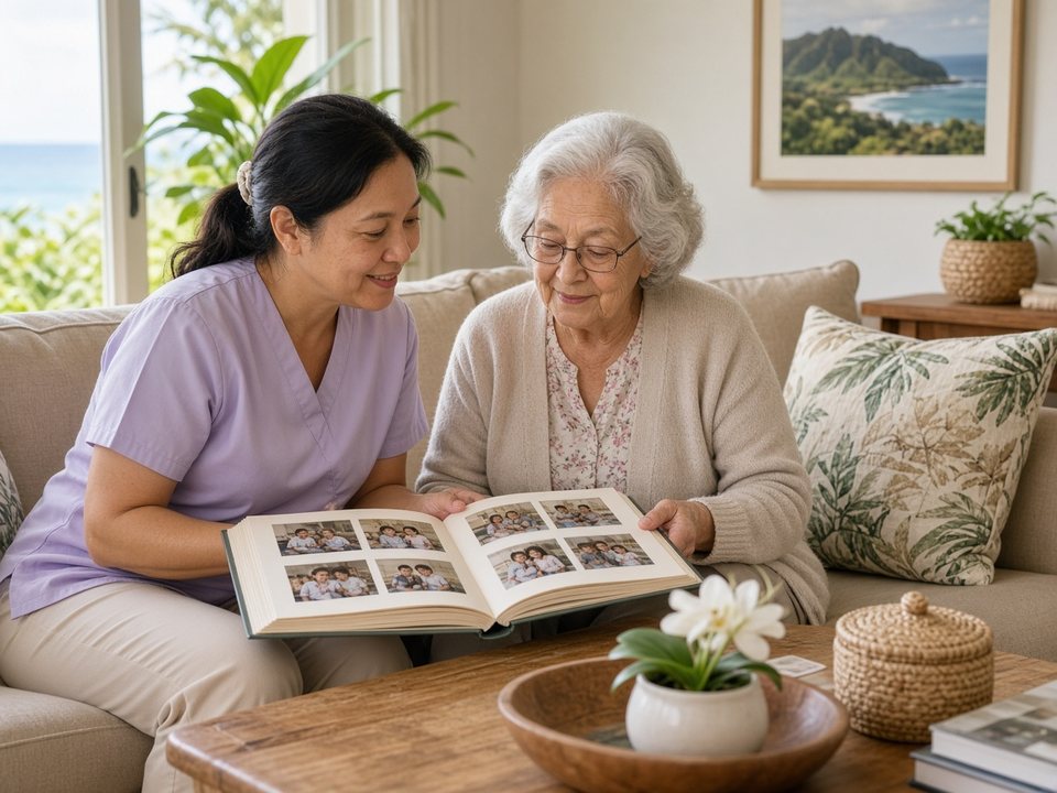 Calm supportive in-home memory care caregiver looking through a family photo album with a senior in a Hawaii living room