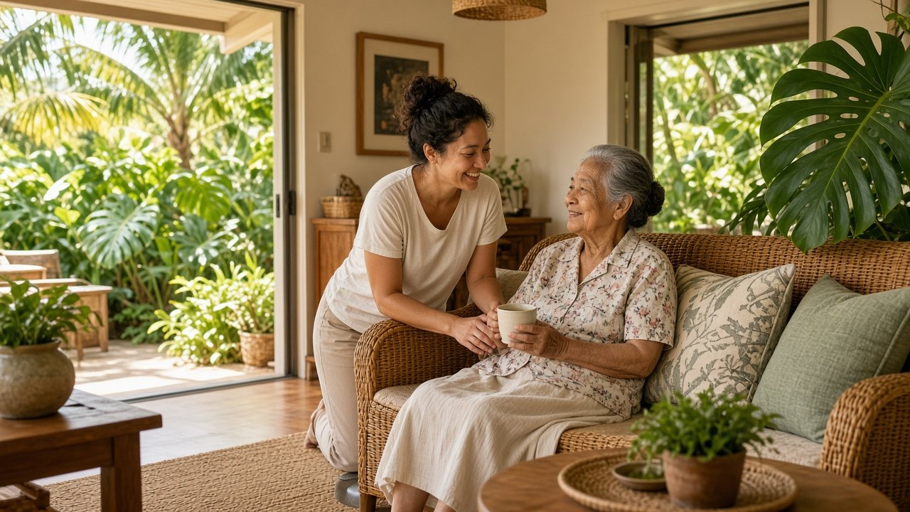 Compassionate caregiver assisting a smiling senior kupuna in a sunny Honolulu Oahu living room opening to a tropical lanai