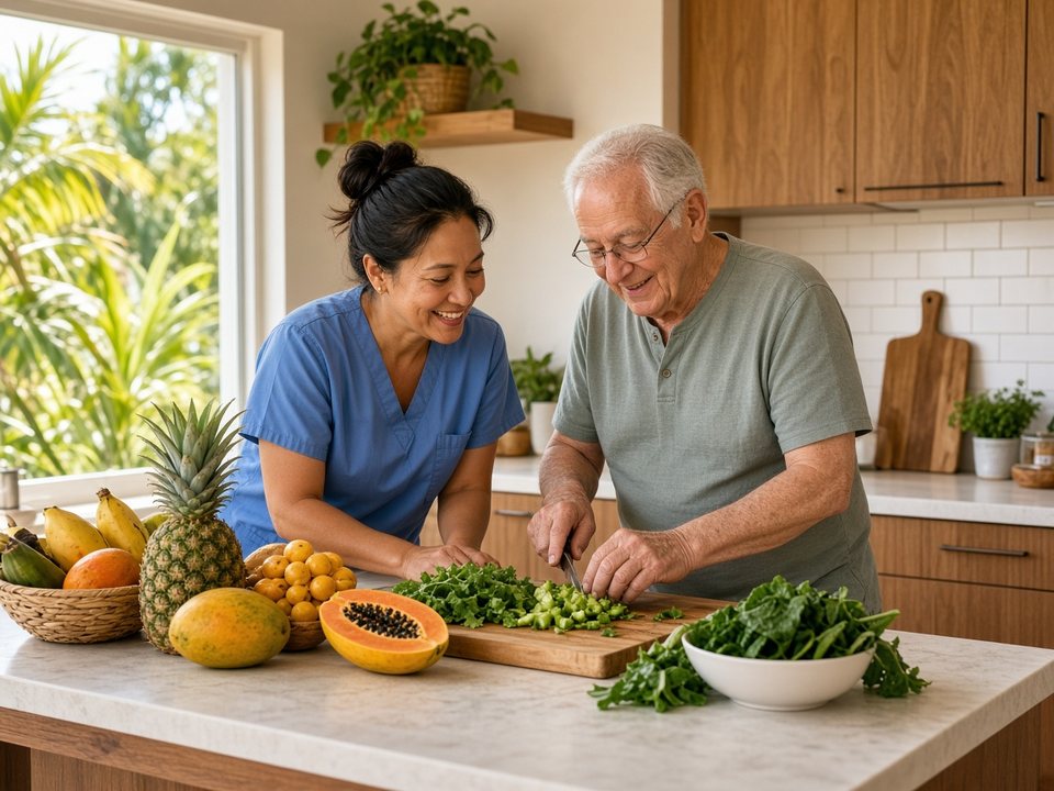 Caregiver helping an older adult with daily living activities and healthy meal preparation in a sunny Hawaii home kitchen